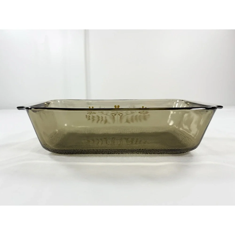 Vintage Glasbake Smoked Amber Glass Yellow Daisy Flower Loaf Pan‎ Casserole Dish